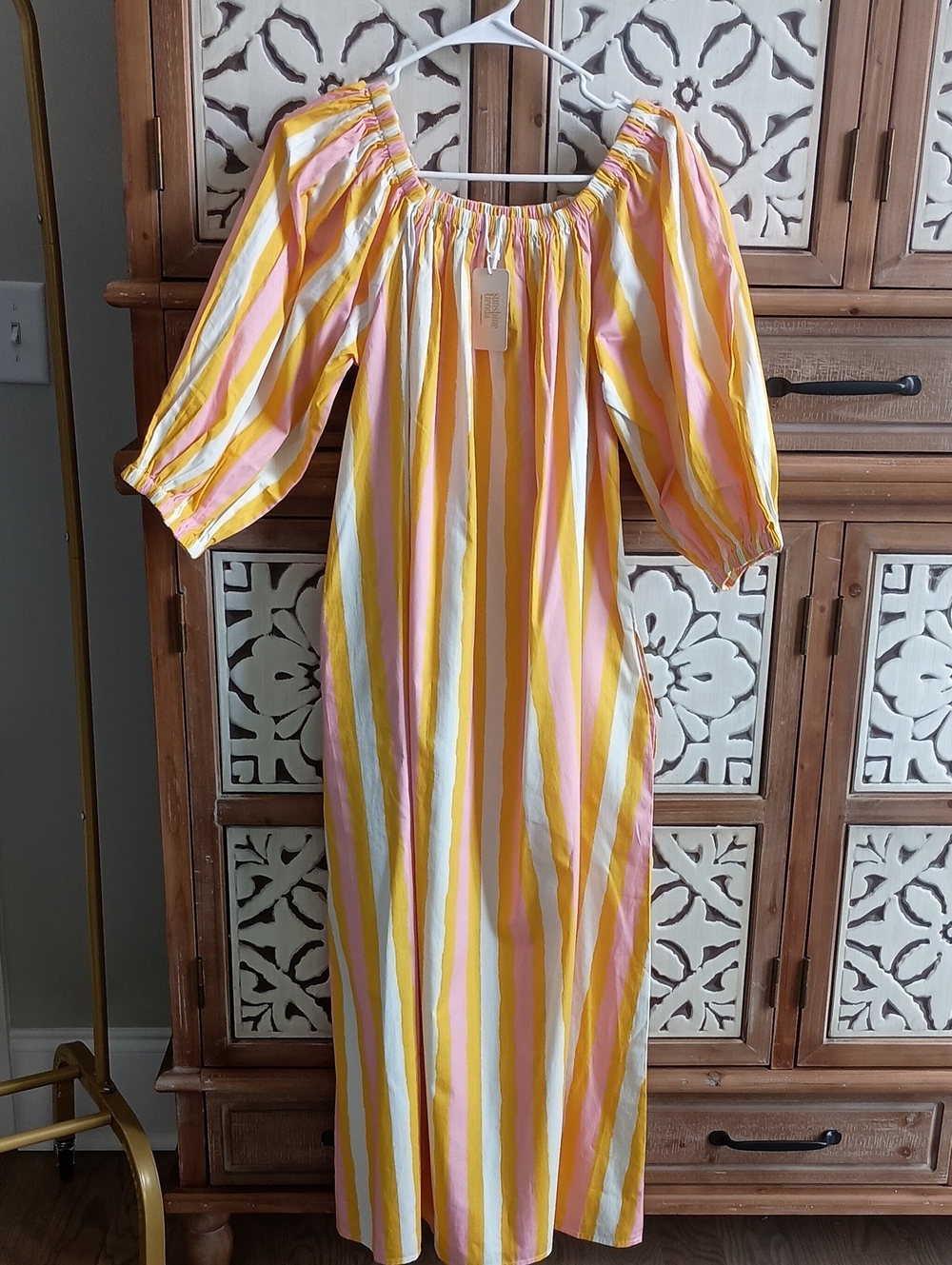 Sunshine Tienda Striped Off-Shoulder Maxi Dress in Yellow, Pink & White